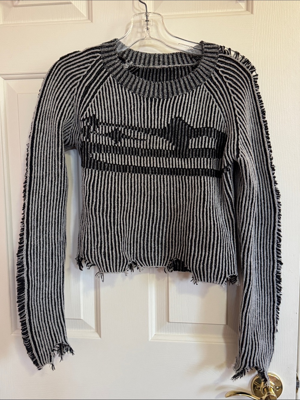 Black & Gray Striped Crewneck Sweater Top